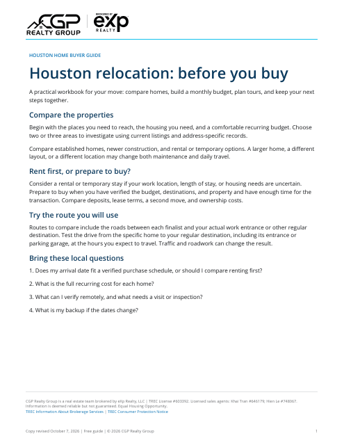 Actual first page of the Houston relocation workbook