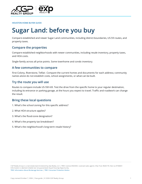 Actual first page of the Sugar Land workbook